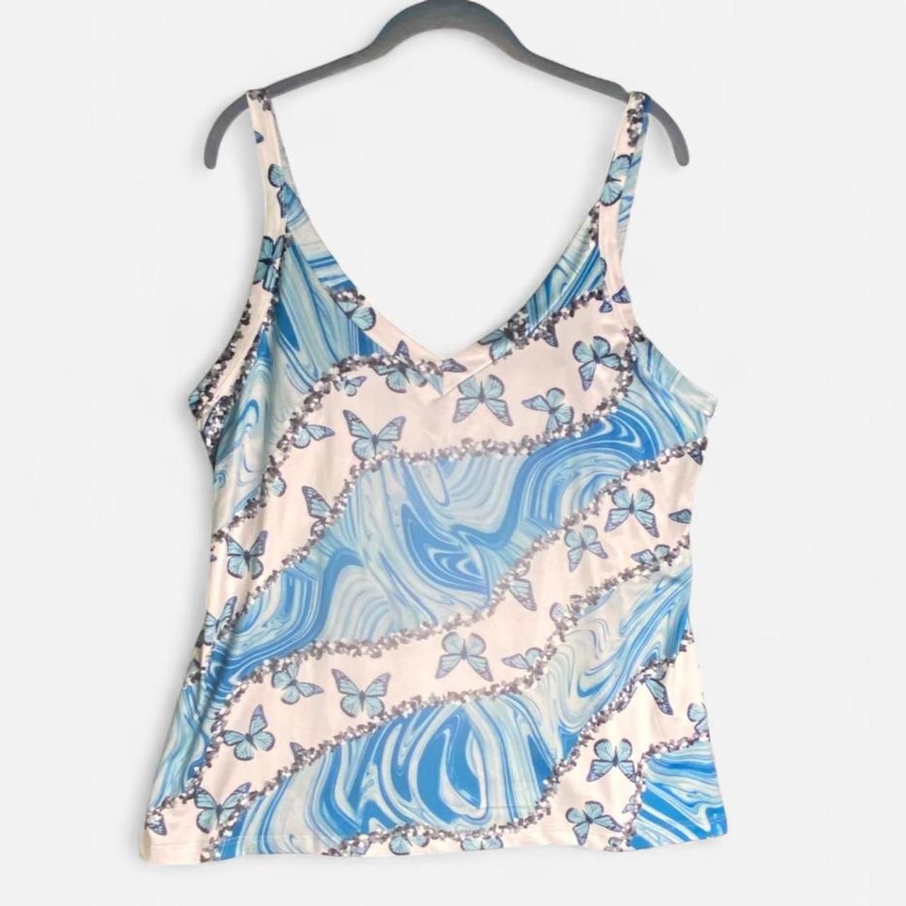 Butterflies & Jewels Sky Blue & White Tank Blouse 2xl